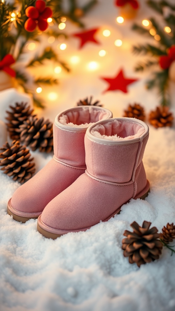 A pair of pink UGGs on snow with holiday decorations.